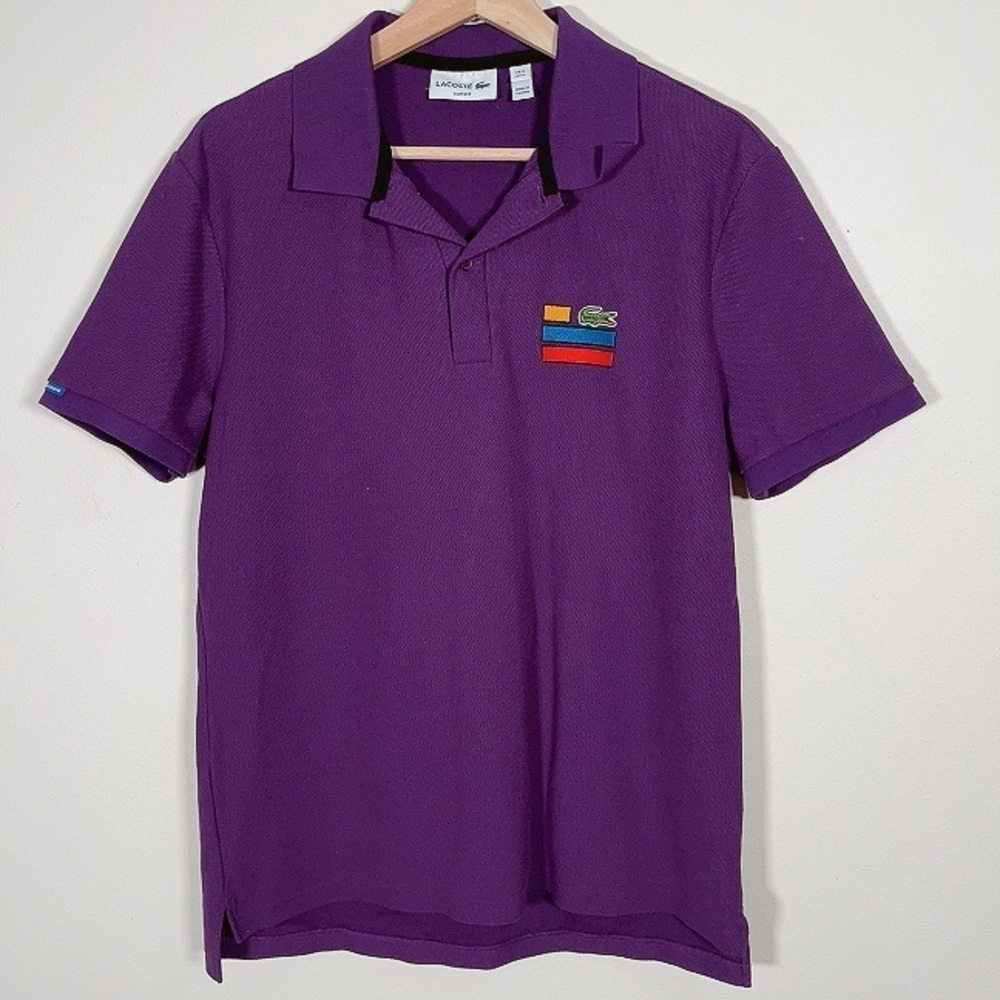 Lacoste Purple Short Sleeve Polo with Multicolor Chest Patch